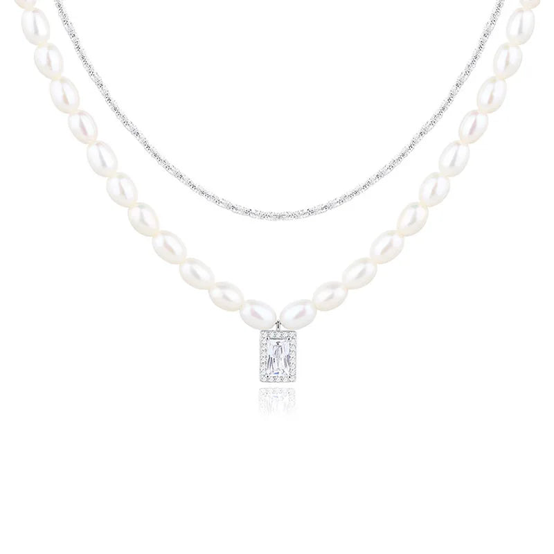 Vintage Double Layer Pearl Necklace Sterling Silver 925 Zircon Pendant