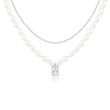 Vintage Double Layer Pearl Necklace Sterling Silver 925 Zircon Pendant