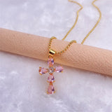 Christian Rainbow Crystal Zircon Jesus Cross Pendant Necklace for Women