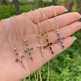 Christian Rainbow Crystal Zircon Jesus Cross Pendant Necklace for Women