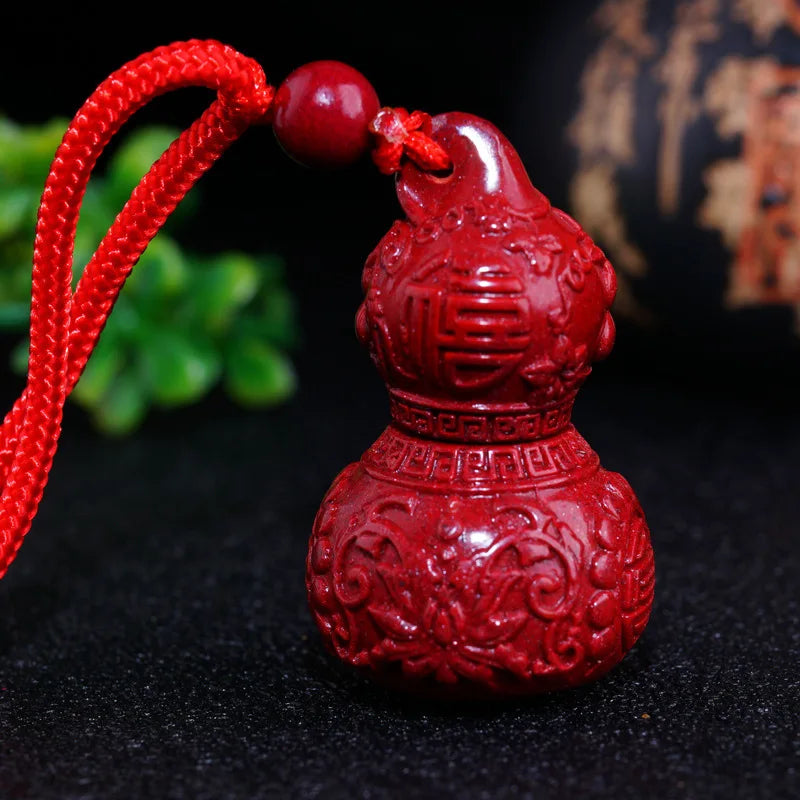 Cinnabar Gourd Pendant Chinese Hand-Carved Necklace