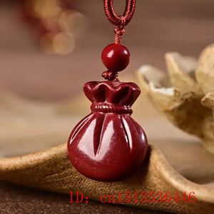 Cinnabar Jade Blessing Bag Pendant Necklace Chinese Hand-Carved Healing