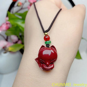 Cinnabar Jade Fox Love Gourd Pendant Necklace Chinese Hand-Carved