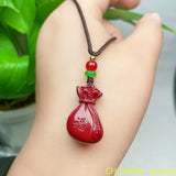 Cinnabar Jade Fox Love Gourd Pendant Necklace Chinese Hand-Carved
