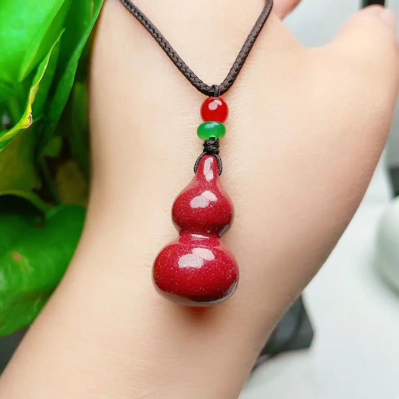 Cinnabar Jade Fox Love Gourd Pendant Necklace Chinese Hand-Carved
