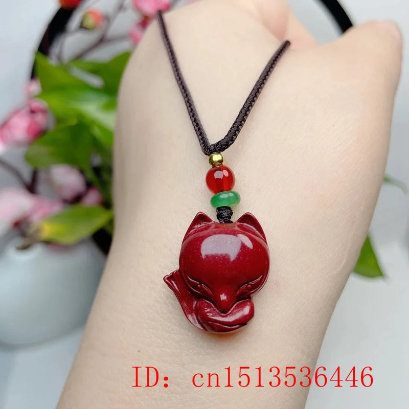 Cinnabar Jade Fox Love Gourd Pendant Necklace Hand-Carved Healing Women Man Gift