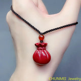 Cinnabar Jade Fox Love Gourd Pendant Necklace Chinese Hand-Carved