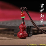 Cinnabar Jade Gourd Pendant Necklace Chinese Hand-Carved Healing Jewelry