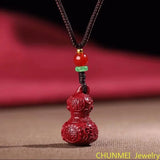 Cinnabar Jade Gourd Pendant Necklace Chinese Hand-Carved Healing Jewelry