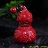 Cinnabar Jade Gourd Pendant Necklace Chinese Hand-Carved Healing Jewelry