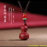 Cinnabar Jade Gourd Pendant Necklace Chinese Hand-Carved Healing Jewelry