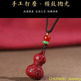 Cinnabar Jade Gourd Pendant Necklace Chinese Hand-Carved Healing Jewelry