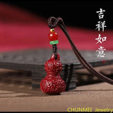 Cinnabar Jade Gourd Pendant Necklace Chinese Hand-Carved Healing Jewelry