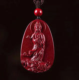 Cinnabar Jade Guanyin Pendant Necklace Chinese Healing Luck Gift