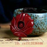 Cinnabar Jade Flower Pendant Necklace Chinese Hand-Carved Women Luck Gift