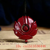 Cinnabar Jade Flower Pendant Necklace Chinese Hand-Carved Women Luck Gift