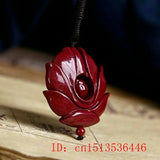 Cinnabar Jade Flower Pendant Necklace Chinese Hand-Carved Women Luck Gift