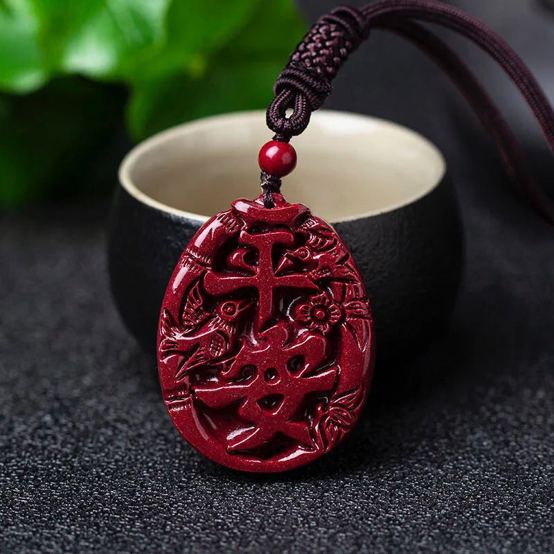 Cinnabar Jade Peace Pendant Necklace Chinese Hand-Carved Healing Gift