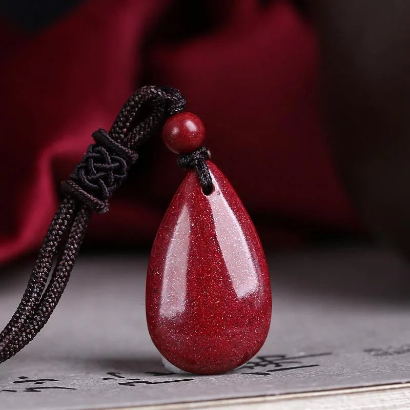 Cinnabar Jade Water Drop Pendant Necklace Hand-Carved Healing Women Man Gift