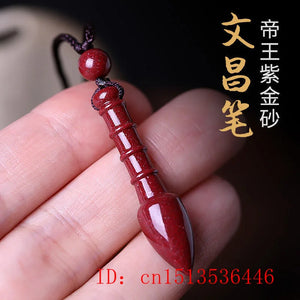 Cinnabar Jade Writing Brush Pendant Necklace Chinese Hand-Carved Healing Gift