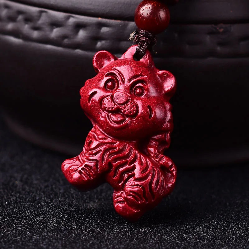 Cinnabar Jade Zodiac Tiger Pendant Necklace Chinese Hand-Carved Healing Gift