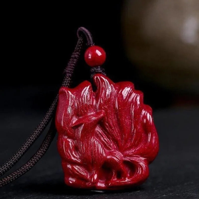 Cinnabar Nine Tailed Fox Pendant Necklace Chinese Hand-Carved