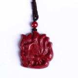 Cinnabar Nine Tailed Fox Pendant Necklace Chinese Hand-Carved