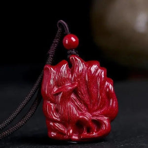 Cinnabar Nine Tailed Fox Pendant Necklace Chinese Hand-Carved