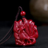 Cinnabar Nine Tailed Fox Pendant Necklace Chinese Hand-Carved