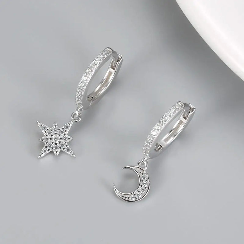Geometric 925 Silver Hoop Earrings Star Moon Female Jewelry