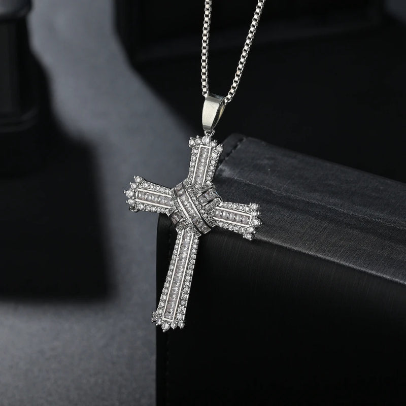 Retro Large CZ Cross Necklace For Men High Crystal Cross Choker Pendant