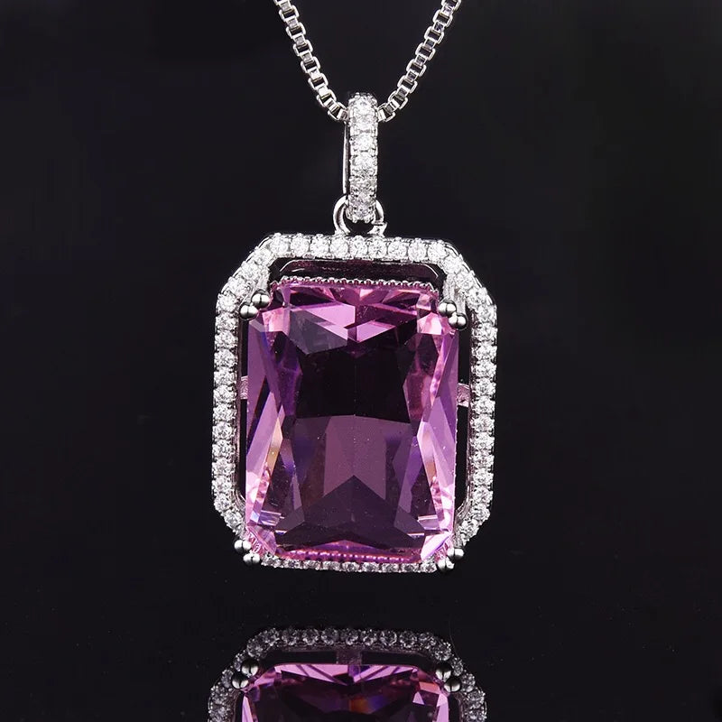 Pink Cubic Zirconia Square Pendant Necklace Women's Jewelry
