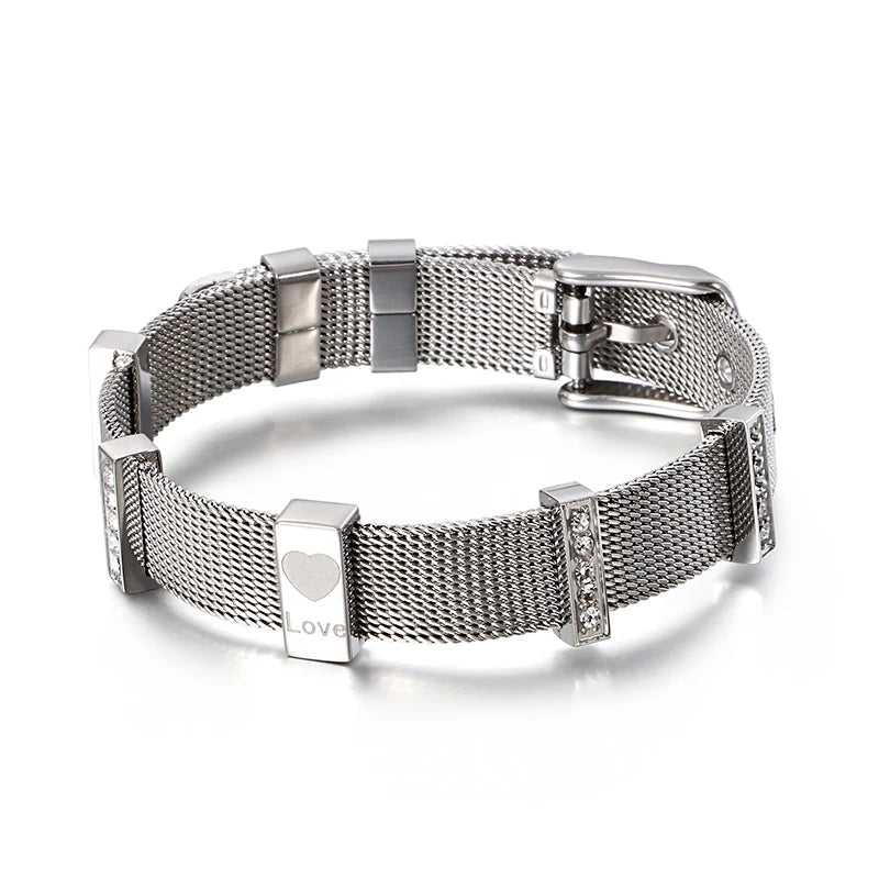 Women's Rose Stainless Steel Crystal Heart Watch Bracelet