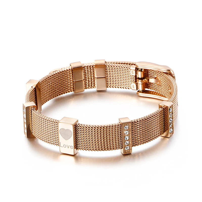 Women Silver Rose Titanium Steel Crystal Heart Watch Strap Bear Bracelet