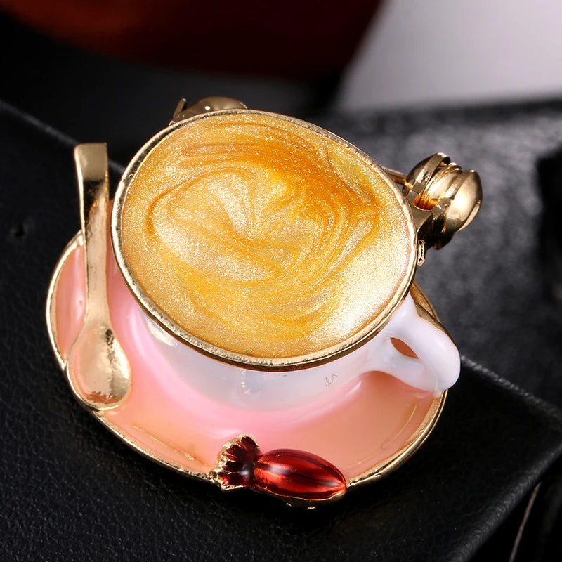 Coffee Cup Spoon Disc Shape Enamel Brooches