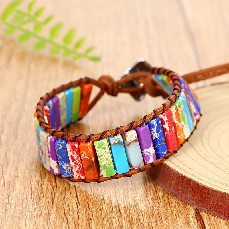 Boho Sunflower Wrap Bracelet Colorful Stone Beaded Hand Braided