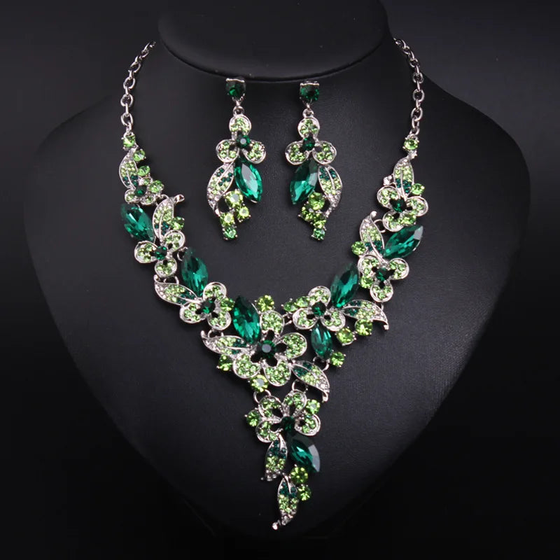 Colorful Flower Crystal Jewelry Set Necklace Earrings
