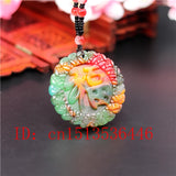Colorful Jade Blessing Pendant Necklace Chinese Hand-Carved
