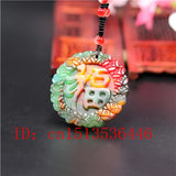 Colorful Jade Blessing Pendant Necklace Chinese Hand-Carved