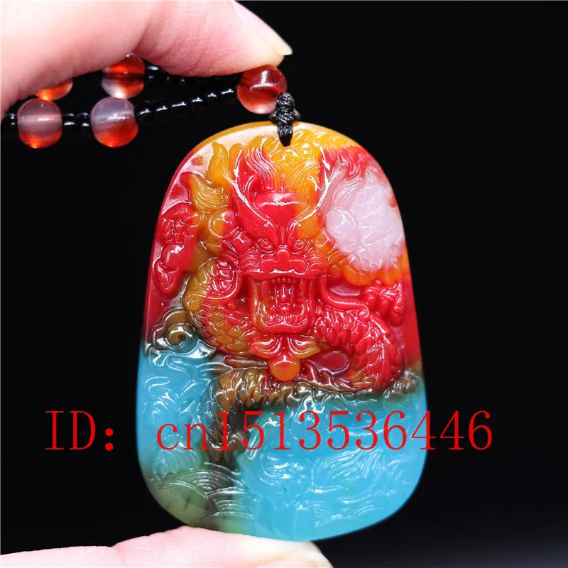 Colorful Jade Dragon Pendant Necklace Chinese Hand-Carved Amulet