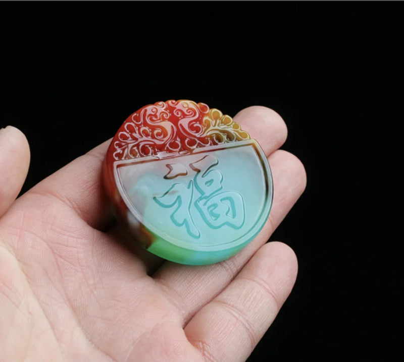 Colorful Jade Fortune Pendant Necklace Chinese Hand-Carved Healing Jewelry