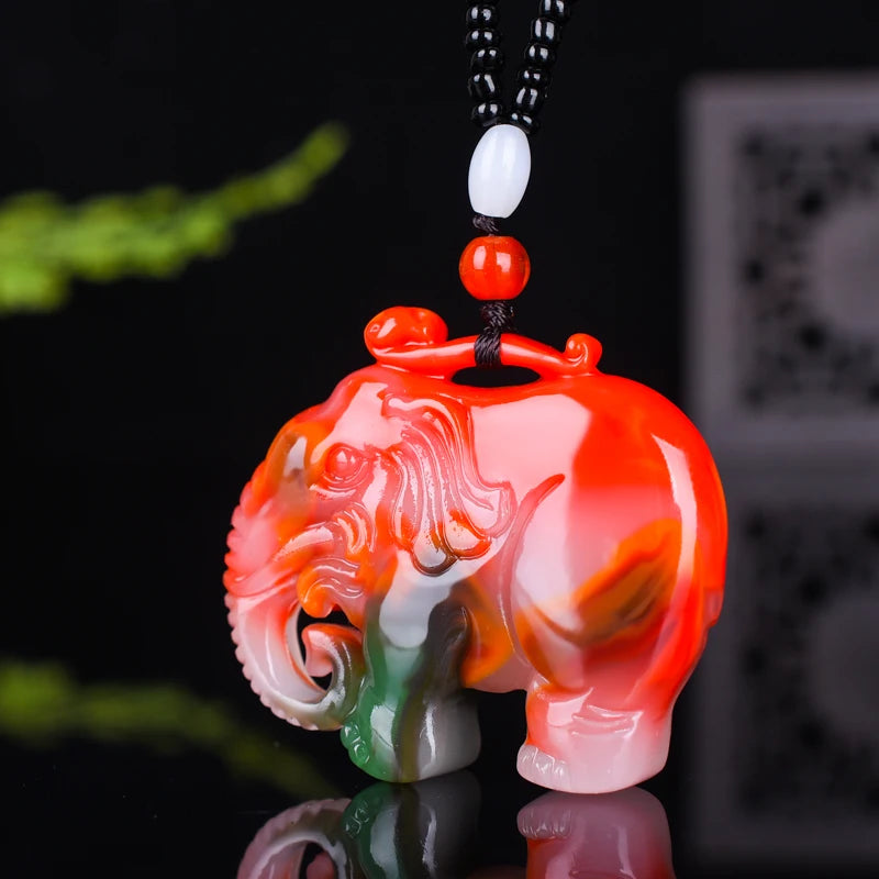 Colorful Jade Ruyi Elephant Pendant Necklace Hand-Carved Healing Luck Gift
