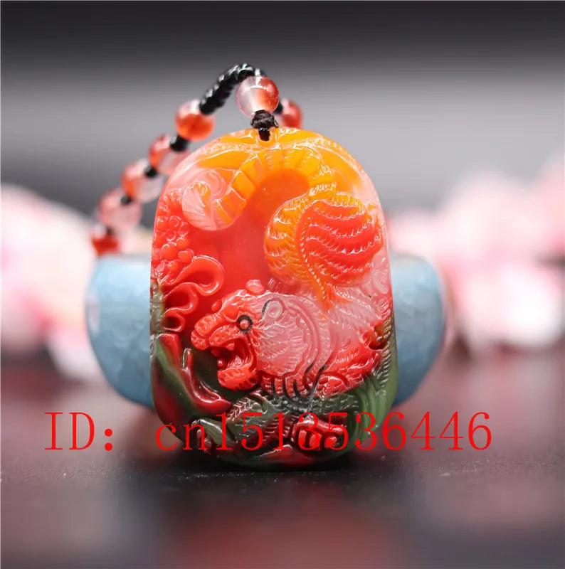 Colorful Jade Tiger Pendant Necklace Chinese Hand-Carved Relax Healing