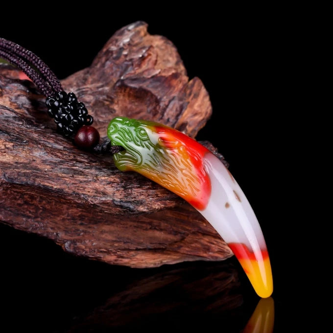 Colorful Jade Wolf Tooth Pendant Necklace Hand-Carved