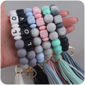 Colorful Letter Silicone Beaded Keyring Wristlet Bracelet Keychain