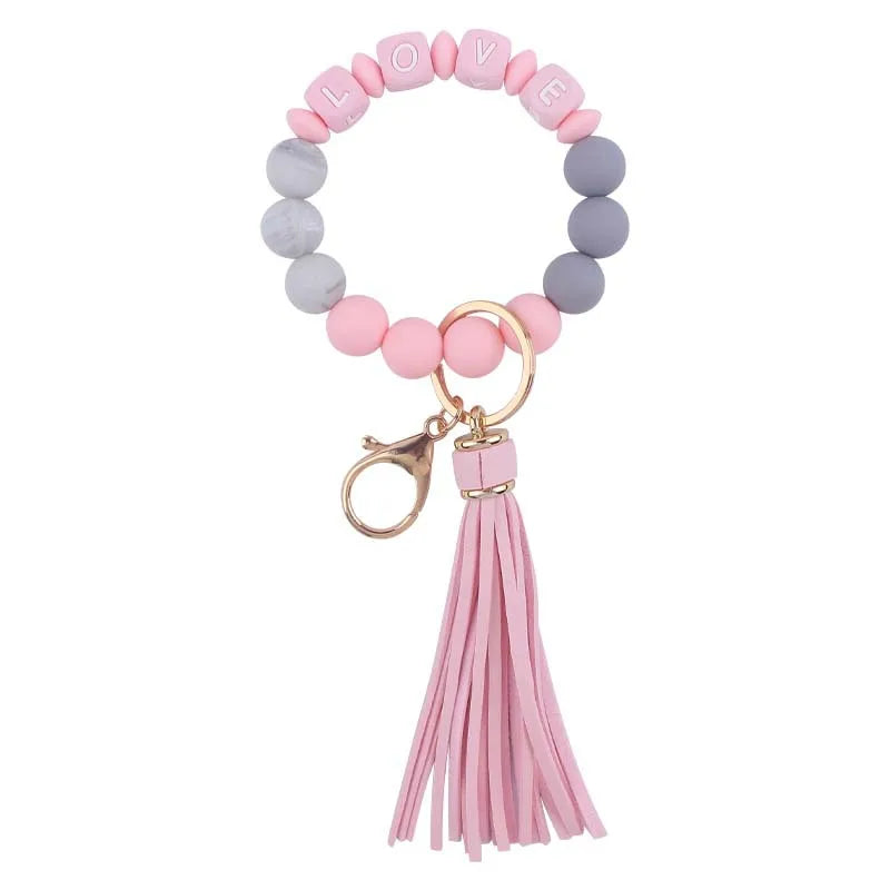 Colorful Letter Silicone Beaded Keyring Wristlet Bracelet Keychain