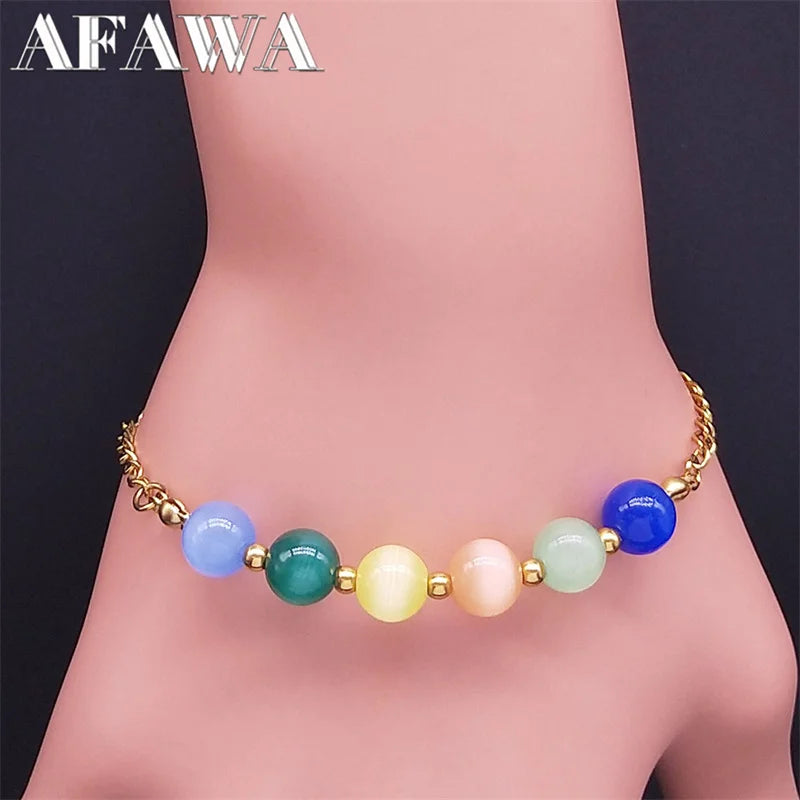 Opal Beads Chain Bracelet Stainless Steel Boho Jewelry