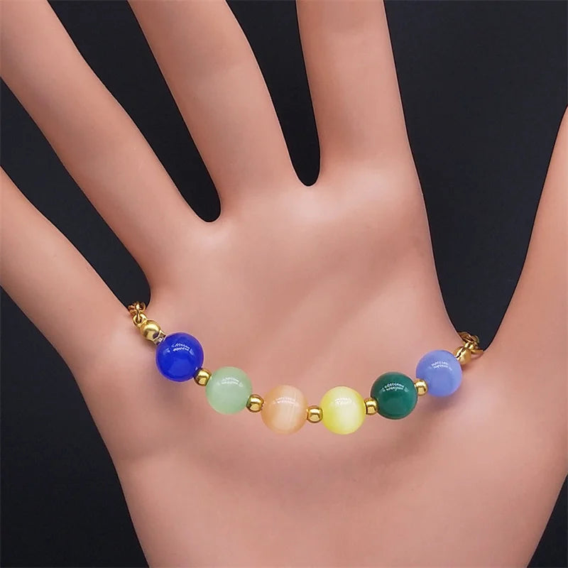 Opal Beads Chain Bracelet Stainless Steel Boho Jewelry