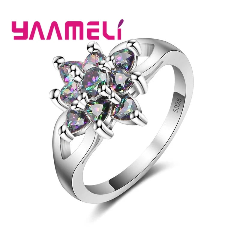 Colorful Crystal Rainbow CZ 925 Silver Bridal Wedding Ring
