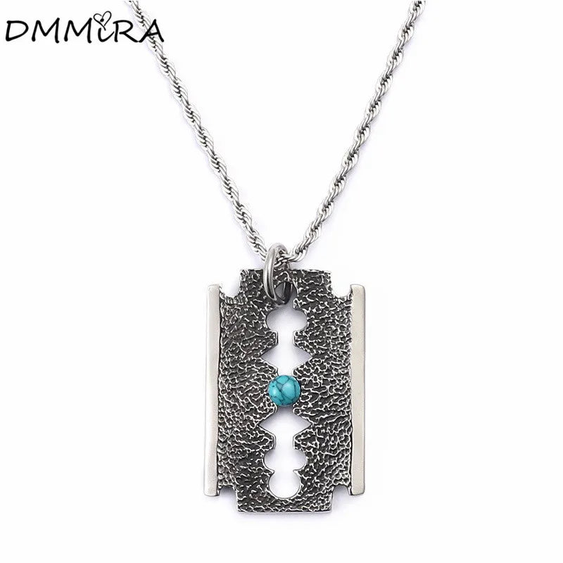 Punk Blade Retro Titanium Steel Square Pearl Pendant Necklace